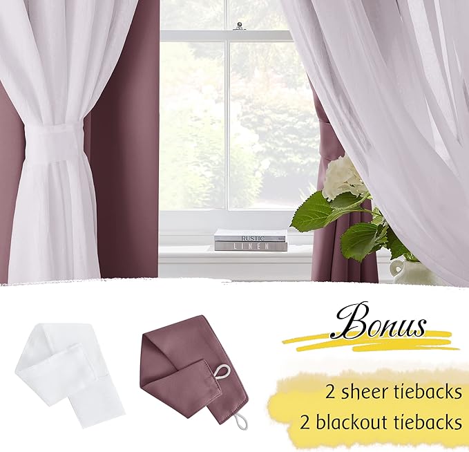 NICETOWN Living Room Curtains - Thermal Insulated Blackout Curtains with White Crushed Sheer Mix & Match Farmhouse Window Covering for Home Decoration with Tie Ropes, Dry Rose, W52 x L84, 1 Pair