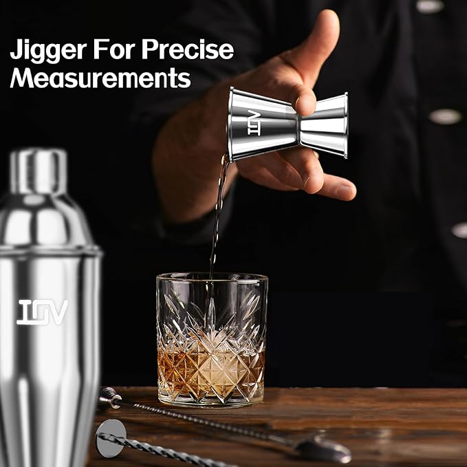 IOV Cocktail Shaker Bar Set, 24oz Martini Shaker with Built-in Strainer, Bar Tool Kit with Recipes Booklet, Professional Stainless Steel Large Bartender Drink Shaker Margarita Alcohol Mixer- Silver