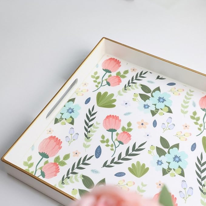 Rectangle Serving Tray with Handles, Coffee Table Tray for Ottoman, Organizer Vanity Tray for Living Room, Outdoor Tray for Patio Entertaining, Serving Breakfast Kitchen Platter LEE3040WH