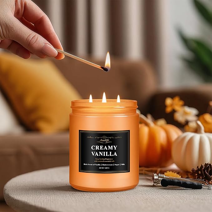 Auelife Mahogany Teakwood Scented Candle – 22oz Large 3 Wick Soy Candles, Masculine Woodsy Aromatherapy Candles, Relaxing Mahogany Candle for Home, Gift for Men & Women