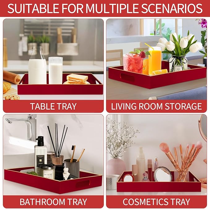 Sturdy Acrylic Serving Tray with Handles-15.7x11.8Inch, Morden Plastic Rectangular Serving Tray for Coffee Table Bathroom, Ottoman, Home Decor (Rectangular - Red)