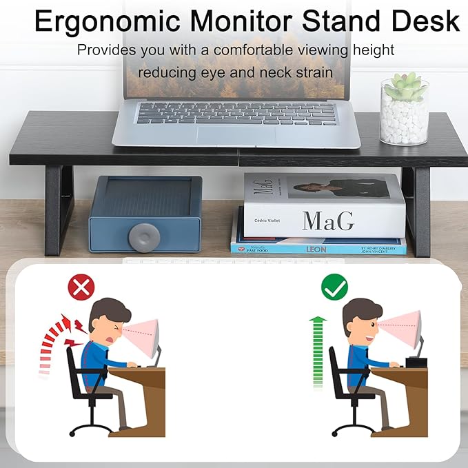 TEAMIX 24 inch Monitor Stand Riser, Black Wood & Steel Computer Monitor Stand with Storage, Laptop, PC, Printer Stand Riser for Desktop Office Desk Organizers