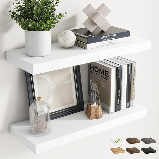 24 Inch Floating Shelves for Wall Set of 2, 8"D Wood Grain Bathroom Shelves with Invisible Brackets, Easy Install Engineered Wood Storage Shelves for Kitchen, Living Room, Bedroom, White Finish