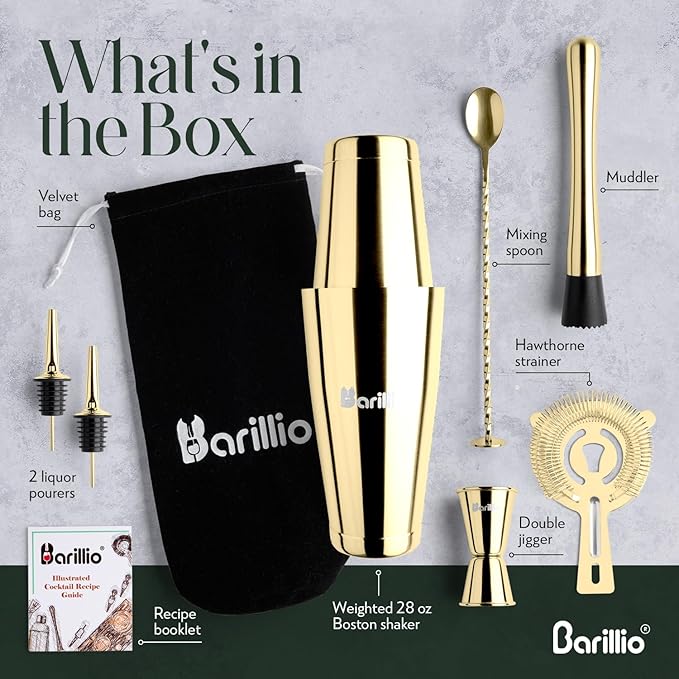 Barillio Gold Boston Shaker Set - Stainless-Steel, Weighted Martini Cocktail Shaker Set w/Strainer & Drink Mixer - Mixology Bartender Kit - Bar Set for The Home - 9-pc Drink Shaker Set - Bar Tools