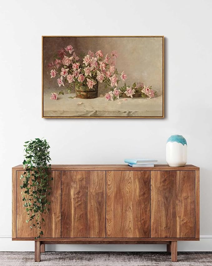 KISSFOX Vintage Floral Canvas Wall Art Framed Retro Pink Flower Botanical Painting Prints Farmhouse Rustic Still Life Roses Pictures Decor Gallery Office Living Room Bedroom Bathroom
