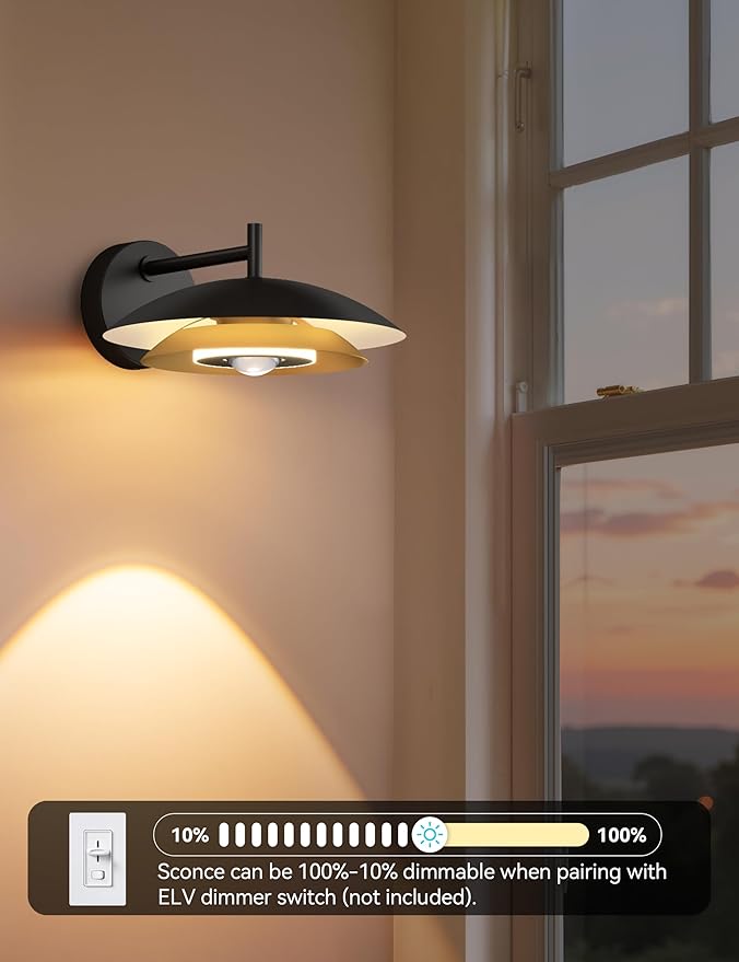 Tubicen Dual-Shade LED Wall Sconce Black and Gold Round Dimmable Sconces Wall Lighting Dual-Lighting 12W Modern Industrial LED Wall Lights for Living Room Bedroom Hardwired