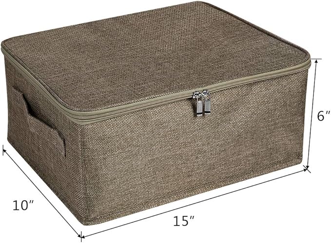 ANMINY 3PCS Storage Bins with Zipper Lids 13 Qt Lidded Fabric Storage Boxes Baskets Cubes with Handles Collapsible Washable Cotton Linen Closet Shelf Clothes Organizer Containers - Coffee, Small