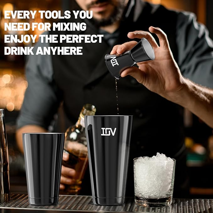 IOV Boston Cocktail Shaker Bar Set, Bartender Kit Drink Mixer Set with 18 oz & 28 oz Boston Shakers, Hawthorne Strainer, Double Jigger, Bar Tool Kit and Recipe Booklet - Black