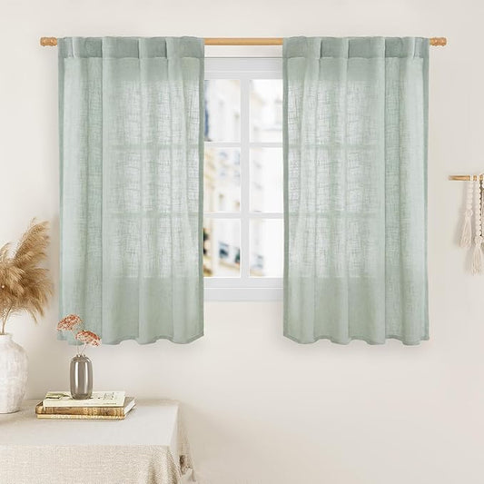 LAMIT Small Window Linen Curtains 45 Inch Length, Light Filtering Panels Back Tab and Rod Pocket Neutral Drapes for Cafe/Bathroom/Loft Room, Light Sage, 2 Panels, 34 x 45 Inch