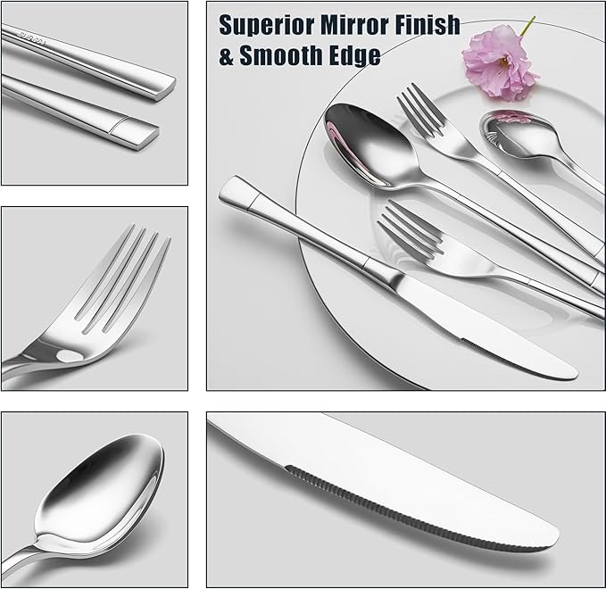 Heavy Duty Silverware Set for 8, 40-Piece 18/10 Stainless Steel Flatware Set, Mirror Polished Cutlery Modern Kitchen Eating Utensil Durable Tableware Included Knife Fork Spoon, Dishwasher Safe