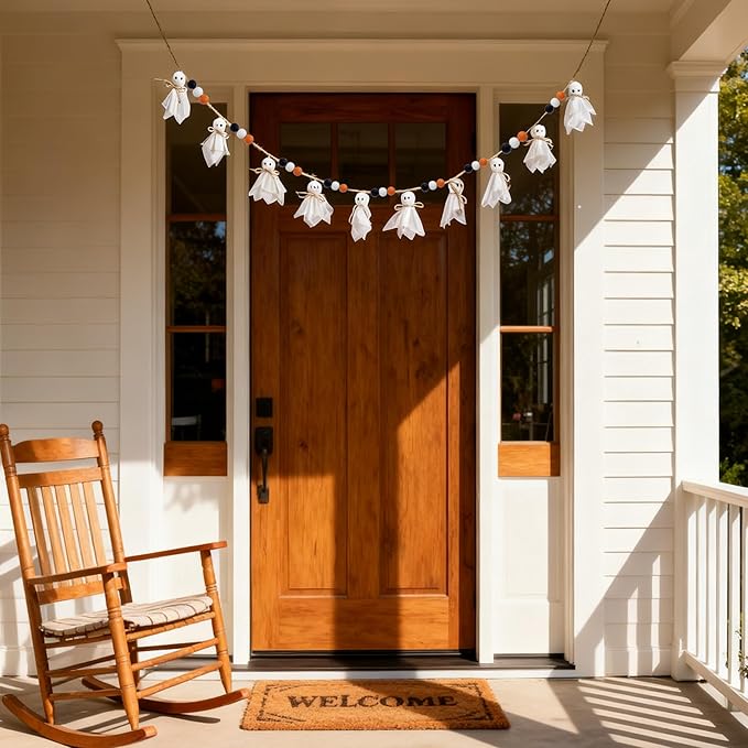 7Ft Halloween Decor Ghost Garland with Wooden Beads - Adjustable Hanging Cute Vintage Banner for Indoor Outdoor Wall Home Fireplace Mantel Spooky Party Decorations