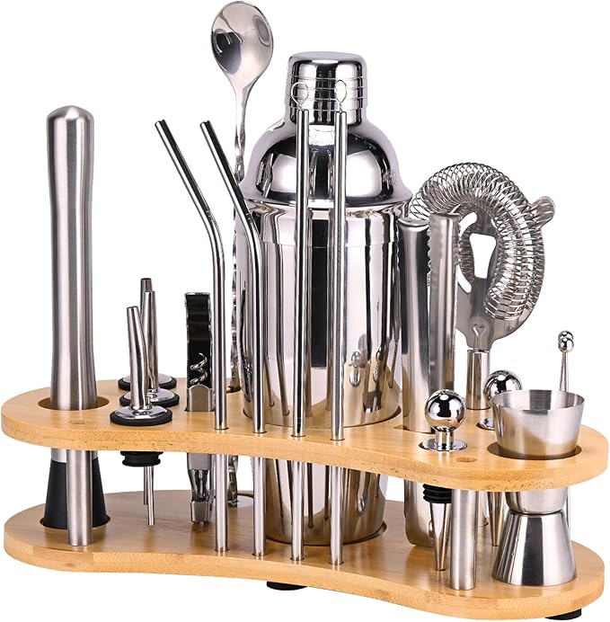 Cocktail Shaker Set, 19 Piece Bartender Kit, Silver, Bar Tool Set with Cocktail Shaker, Mixer Spoon, Measuring Cup, Strainer, Muddler, Corkscrew, Tongs
