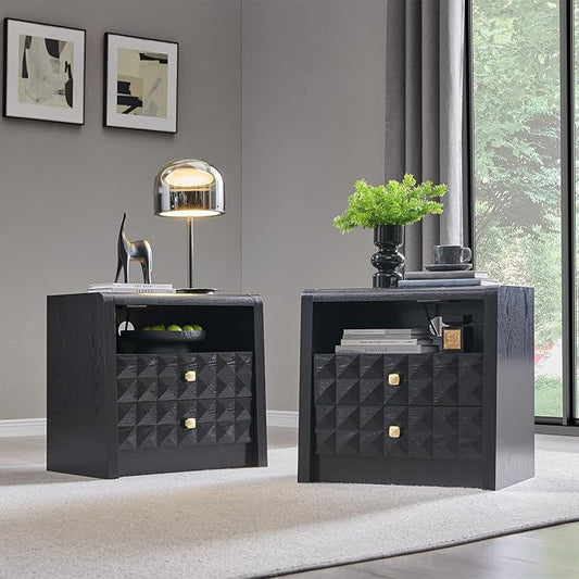 Modern Night Stand Set 2, 23.62" Wide Wood Side Table w/2 Storage Drawers &Open Shelf &Charging Station, Mid Century Modern Bedside w/Diamond Panel Decorate for Bedroom, Curved Profile Design, Black