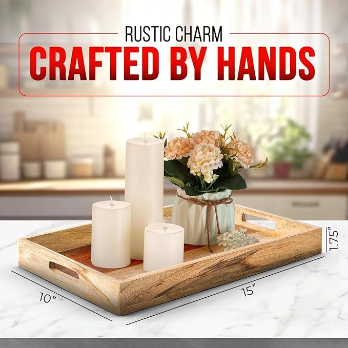 Mela Artisans Wooden Serving Tray with Handles | 15x10x1.75 inch | Mango Wood Decorative Tray | Ottoman Tray | Snacks | Desserts | Breads | Coffee Table | Bedroom | Rectangular Edge Design