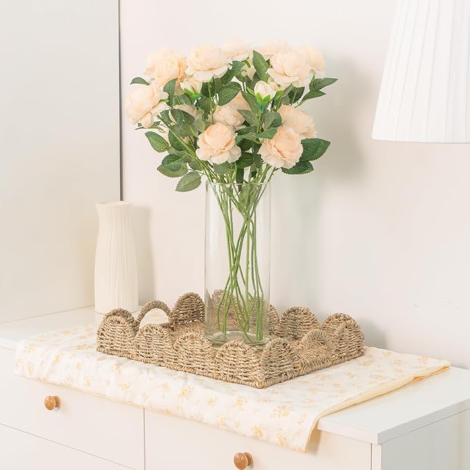 KOKODO Set of 2 Scalloped Wicker Baskets – Handwoven Seagrass Storage Baskets with Handles for Organizing, Bathroom, Living Room & Shelf Décor – Decorative Rattan Organizing Tray