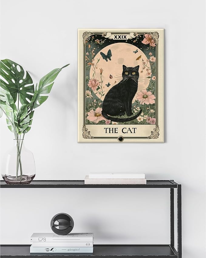 Aesthetic Cat Tarot Wall Art Decor Witchy Cat Moon Flowers Tarot Card Canvas Print Poster Framed Painting Wall Decorations for Home Living Room Bedroom 11x15 Inch, Mystical Cats Lover Gifts
