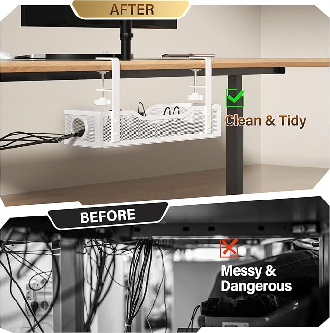 [Upgraded] Under Desk Cable Management Large, Cinati 16" Cable Management Box for Table Thickness up to 3", Wire Cord Organizer with Clamp No Drill, No Damage to Desk (White)