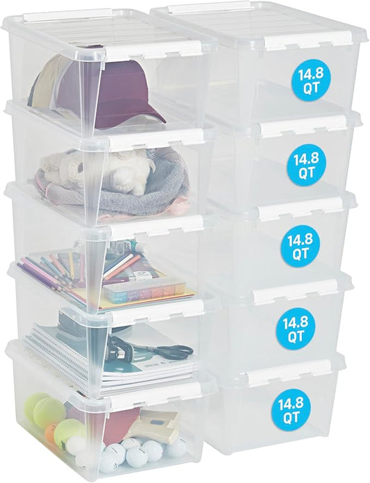 SmartStore Classic 15 Clear Storage Box, 14L/14.8QT BPA-Free Stackable Container with Secure Lid, Swedish Made Storage for A4 Papers & Games (10)