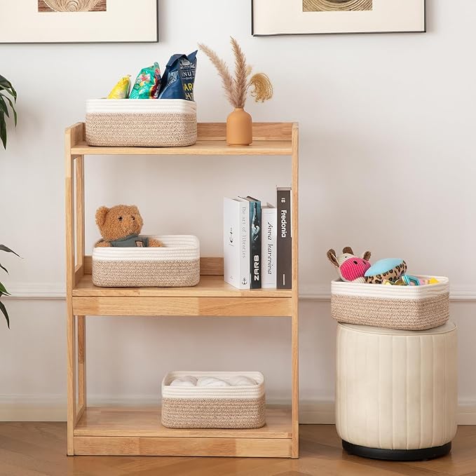 OIAHOMY 4 Pack Storage Baskets for Organizing, Small Bins for Shelves, Cute Decorative Storage Bins, Organizer Baskets for Gifts Empty, 11.8''Lx7.8''Wx4.7''H, Brown/White