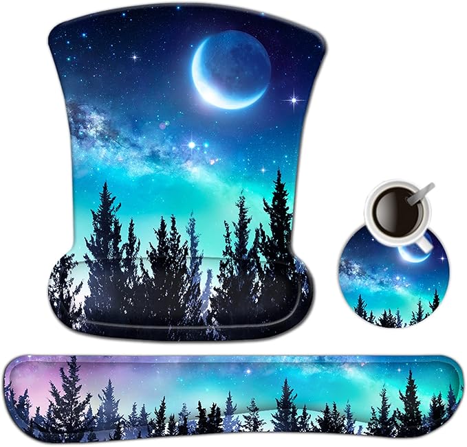 AIMSA Ergonomic Keyboard Wrist Rest and Mouse Pad with Wrist Support Set, Memory Foam Non-Slip Rubber Base, for Gaming, Working, Home, Office, Easy Typing, Pain Relief, Forest Moon Sky