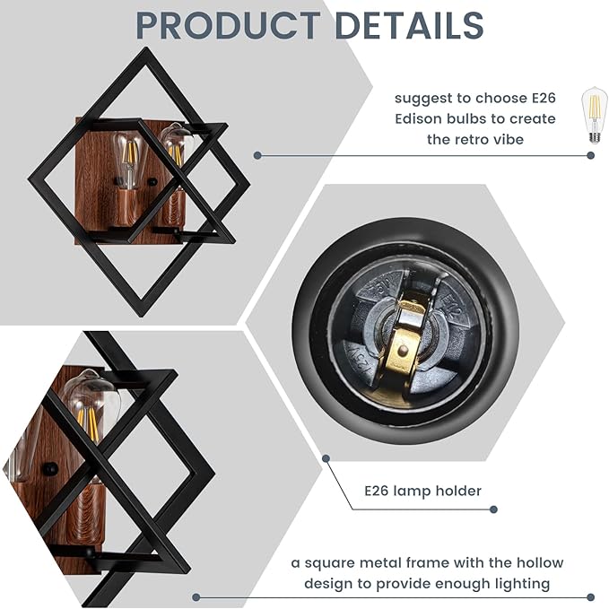 Farmhouse Wall Sconce with Black Finish & Wood Grain, Set of 2 Rustic Wall Sconces Indoor Wall Light Fixtures 17.8in for Stairway, Living Room, Bedroom, Bathroom (2 Light,E26 Base, No Bulbs)
