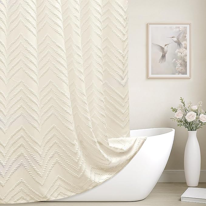 Extra Long 72 x 96 Cream Shower Curtain Boho Farmhouse Shower Curtain Tufted Chevron Textured Minimalist Shower Curtains for Bathroom