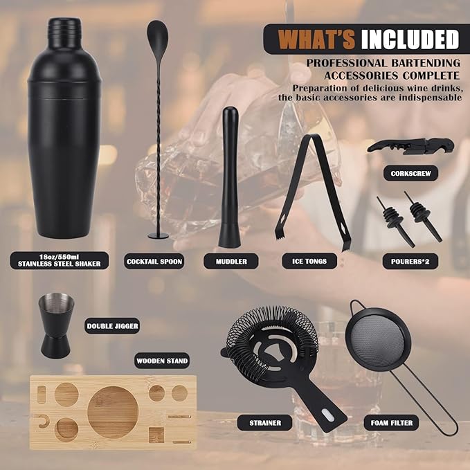 Bartender Kit 11-Piece Cocktail Shaker-Muddler for Cocktails 25oz Boston Shaker-Bar Accessories with Stylish Bamboo Stand Mix Drink Shaker kit Perfect Martini kit with Cocktail Recipes Booklet