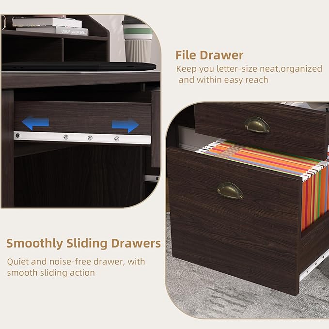 4 EVER WINNER Small Desk with Drawers, Office Desk with File Drawer and Monitor Stand, Writing Desk Study Table for Small Spaces, Espresso