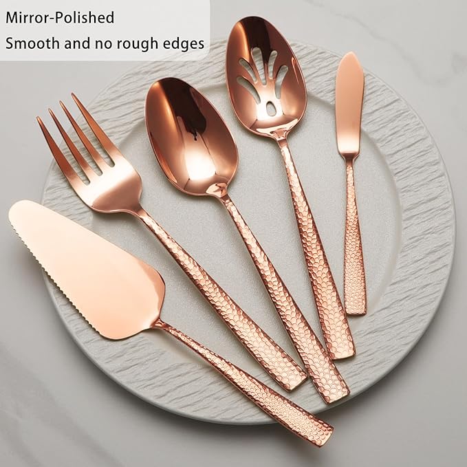 Large Hostess Serving Utensils Set, Stainless Steel Heavy Duty Hammered Serving spoons, Slotted Spoons, Serving Fork, Cake Server, Butter Knife, Dishwasher Safe（Rose Gold）