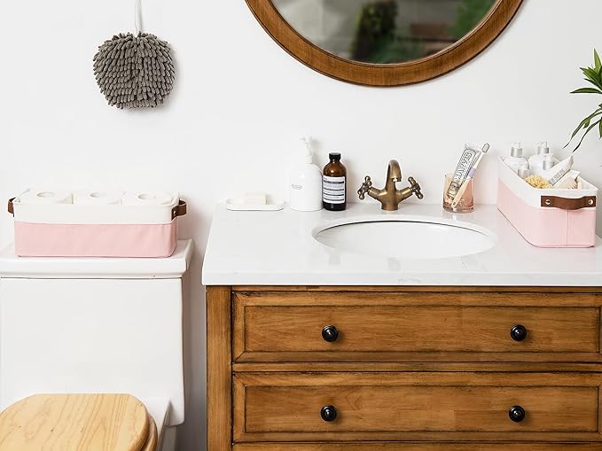 StorageWorks Narrow Storage Bins, Small Basket for Closet and Shelves, Fabric Organizer with Handles, Toilet Paper Storage, Pink and White, 2-Pack