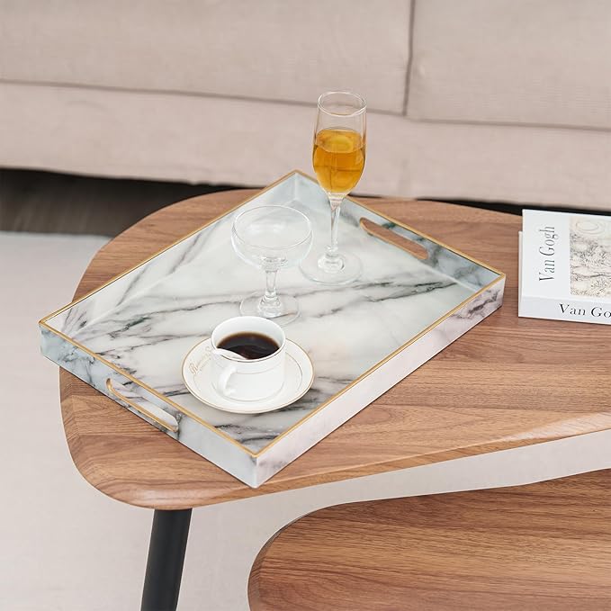 Set of 2 Serving Tray,Plastic Marble Coffee Table Tray 18.9"x13.7"x1.6"/15.7"x11.8"x1.6" Food Trays for Eating on Lap Coffee Tray with Handles Rectangular Decorative Trays,Tea Trays for Serving