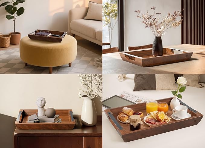 Acacia Wood Serving Tray with Metal Handles, 15x10 Inch Decorative Tray for Coffee Table Ottoman - Rustic Wooden Breakfast & Drink Tray, Farmhouse Centerpiece