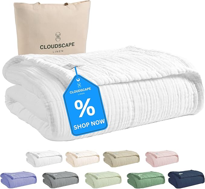 Cloud Scape Linen Extra Large 4 Layer Muslin Throw Blanket - 100% Cotton Gauze, Lightweight & Breathable All Season, Pre-Washed, for Couch & Bed, 50x70, White