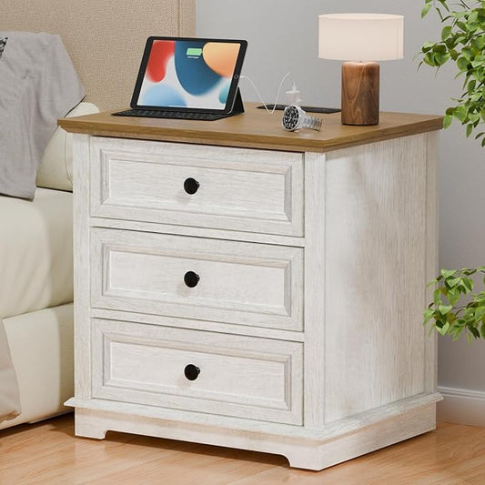 Nightstand with Charging Station, 24” Wide End Table with 3 Drawers, Modern Bedside Table with Storage, Wood Small Dresser for Bedroom Living Room. (White)
