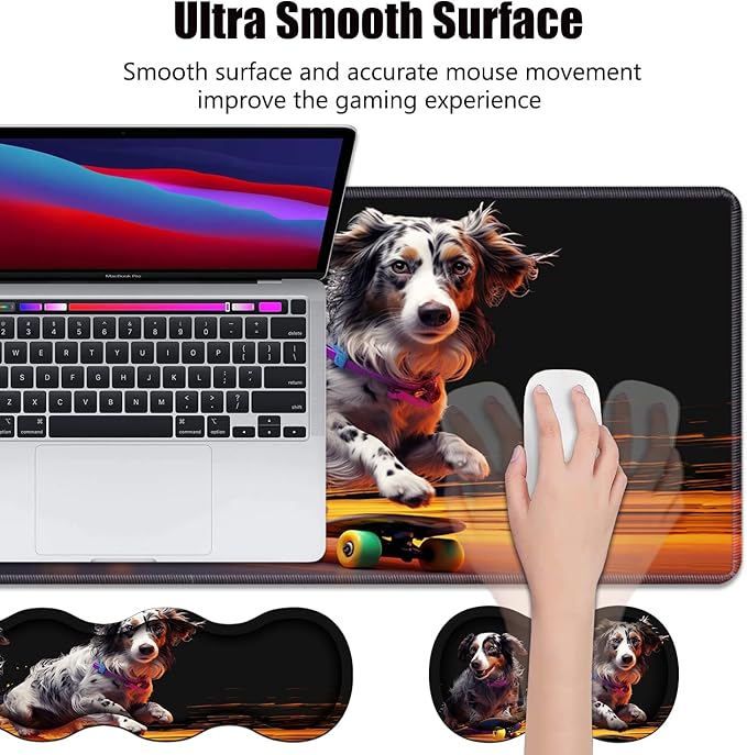 4 in 1 Ergonomic Memory Foam Mouse Pad Wrist Rest Set, Large XXL Gaming Desk Pad + Keyboard Wrist Rest + Mouse Wrist Cushion + Coaster for Home Office Study Gaming, Cute Dog Playing Scooter