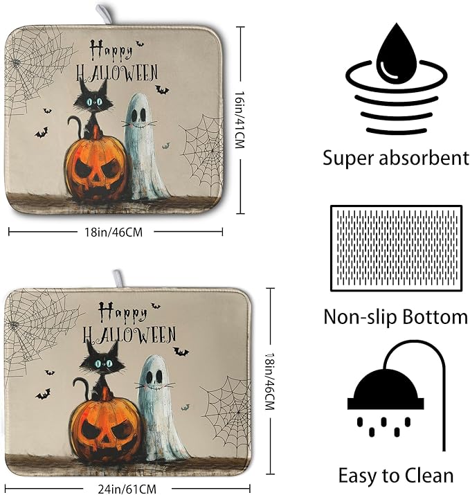 Happy Halloween Dish Drying Mat for Dishs 18x24 Inch Halloween Pumpkin Ghost Black Cat Kitchen Drying Mat Spooky Spiderweb Holiday Dish Drainer Mat Super Absorbent Dish Rack Pad for Coffee Bar Sinks