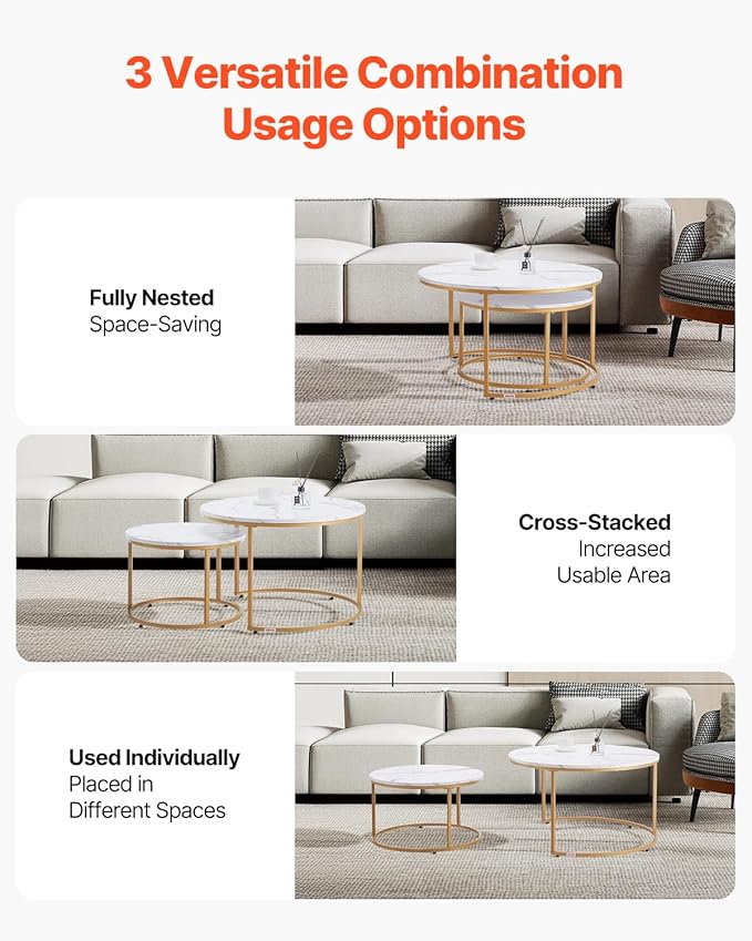 VEVOR Nesting Tables, Coffee Table Set of 2, 31.5 inch Round Coffee Table, Small Coffee Tables Night Stand with Metal Frame, for Living Room, Bedroom, Office (White & Gold)