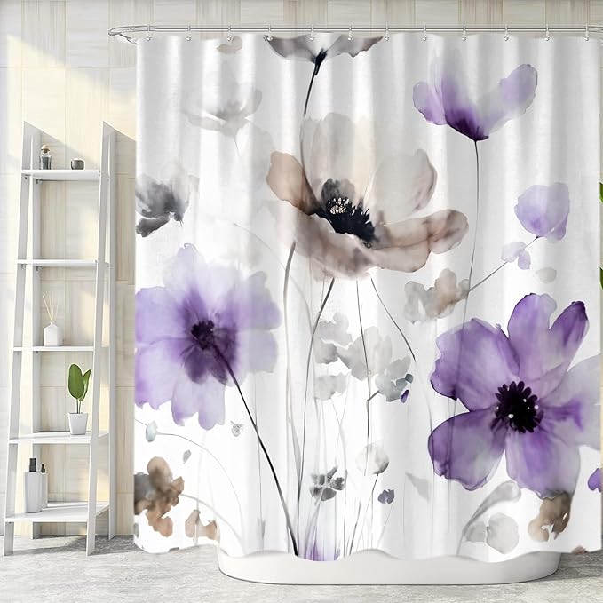 Boho Floral Shower Curtain, Cream Tan Beige Purple Grey White Flower Farmhouse Fabric Shower Curtains Set for Bathroom Decorative with Hooks 72 X 72 inch Spring Bath Decor