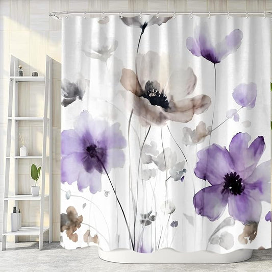 Boho Floral Shower Curtain, Cream Tan Beige Purple Grey White Flower Farmhouse Fabric Shower Curtains Set for Bathroom Decorative with Hooks 72 X 72 inch Spring Bath Decor
