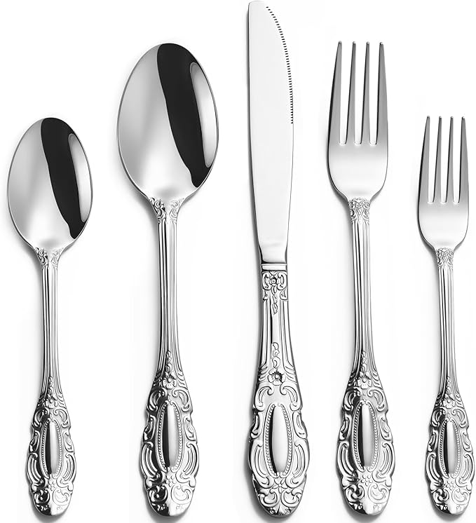 40-Piece Silverware Set for 8, Retro Mirror Polished Flatware Cutlery Set - Dishwasher Safe. Stainless Steel Utensils for Everyday & Holiday Dining