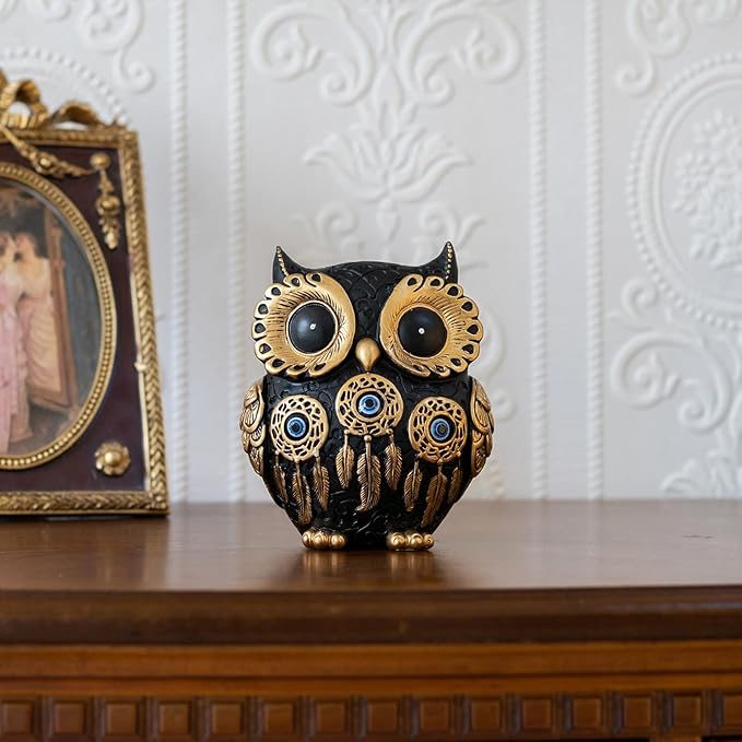 Vintage Black Owl Statue Home Decor - Evil Eye Accent for Bookshelf, Bedroom, Living Room, Office & Table. Cute Small Animal Sculpture Gift for Owl & Birds Lovers