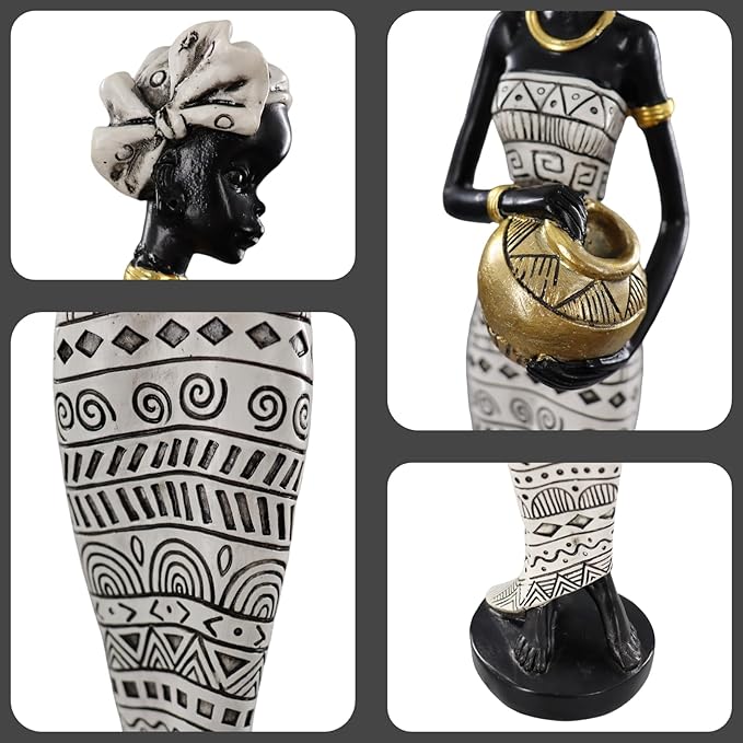 African Traditional Art Handmade Statues, Black and White Geometric Pattern Long Skirt Women's Ornaments and Decorations, Suitable for Home Study Display and Cultural Gift Collection