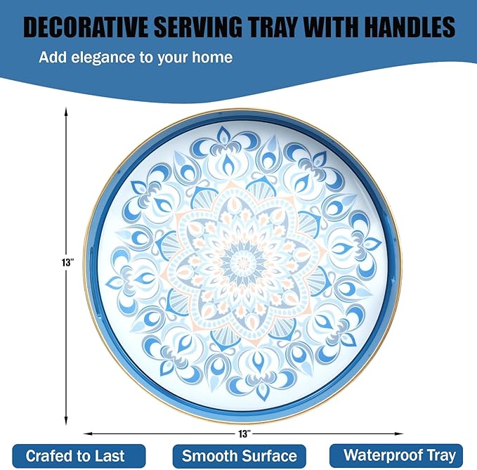 Round Blue Decorative Tray for Coffee Table, Ottoman, 13” Plastic Serving Platter Tray with Handles for Entertaining, Living Room
