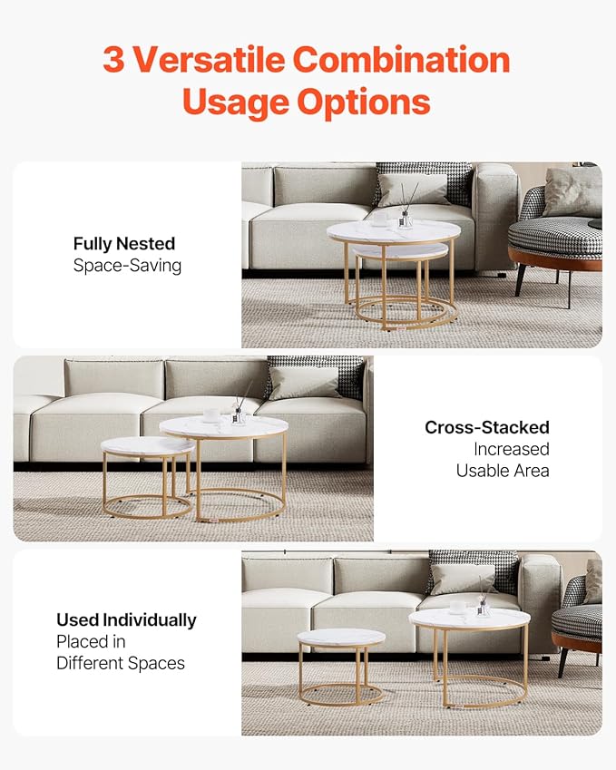 VEVOR Nesting Tables, Coffee Table Set of 2, 27.6 inch Round Coffee Table, Small Coffee Tables Night Stand with Metal Frame, for Living Room, Bedroom, Office (White & Gold)