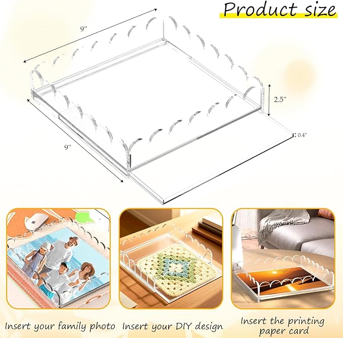 Acrylic Tray with Slide-Out Drawer,Clear Scalloped Decorative Tray for Displaying Needlepoint,Fabric,or Photos,Custom Serving Tray Organizer for Home Decor,9"x9"