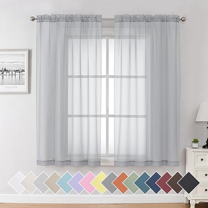 Aiyufeng Light Grey Sheer Window Curtains 63 Inches Long 2 PCS- Rod Pocket Living Room Curtain Panels Voile Textured Soft and Lightweight Window Treatments for Bedroom Decor, 40W x 63L Inches