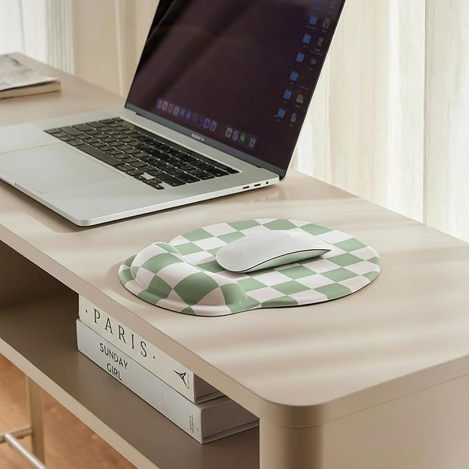 Sage Green Checkered Mouse Pad with Gel Wrist Rest, Wrist Support, Ergonomic Desk Accessories for Women, Office Laptop Gaming Decor, Cute Aesthetic Trendy Check Design