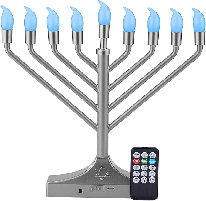 Electric Hanukkah Menorah,RGB Led Menorahs for Chanukah Decoration,Color Changing with Remote Control & Push-Button to Choose The Day and Timer Options Battery/USB Powered,Silver