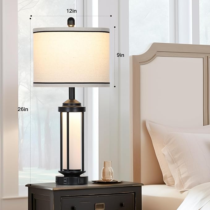 Table Lamps for Living Room Set of 2, Black Farmhouse Rustic Industrial Table Lamp with USB A+C Charging Ports & AC Outlet, 27" Modern Table Lamps with LED Night Light & Linen Fabric Lampshade