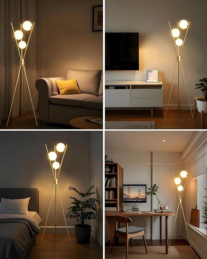Lightdot Tripod Floor Lamp Stepless Dimmable Globe Modern Floor Lamp Gold Standing Lamps with 3PCS 3000K G9 Bulbs Stable Base Mid Century Floor Lamps for Living Room